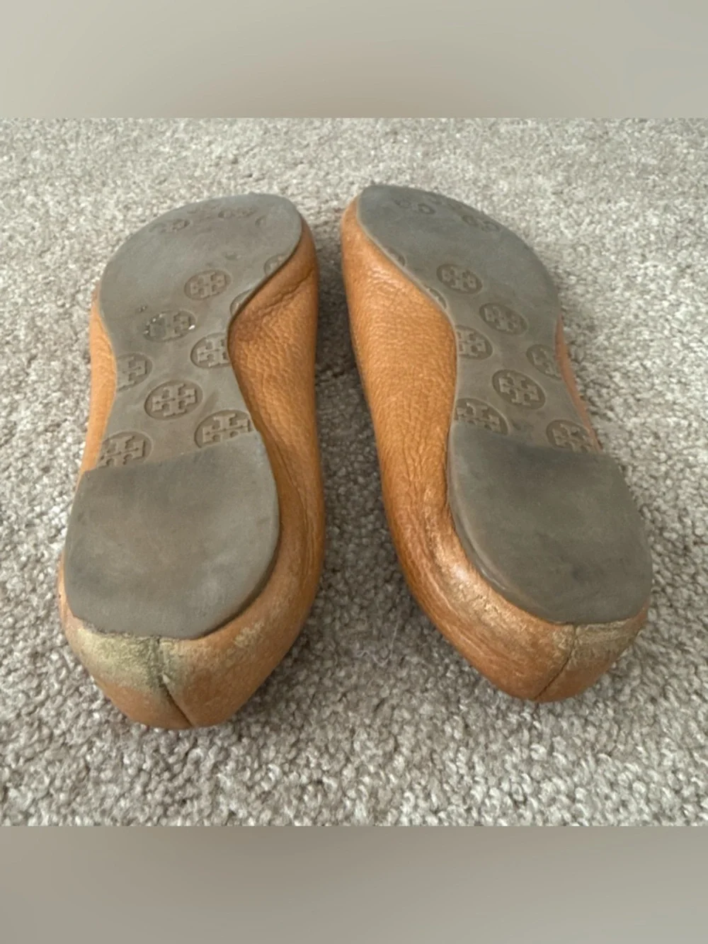Tory Burch Reva Pebbled Leather Ballet Flats Royal Tan Camel Women Shoe
